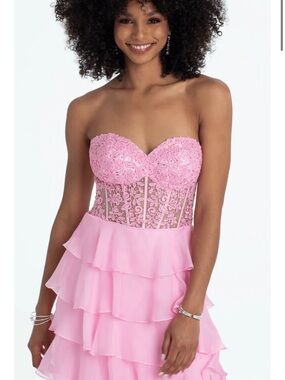 NEW, WITH TAGS - Camille La Vie Pink Strapless Lace Bodice Ruffle Prom Dress